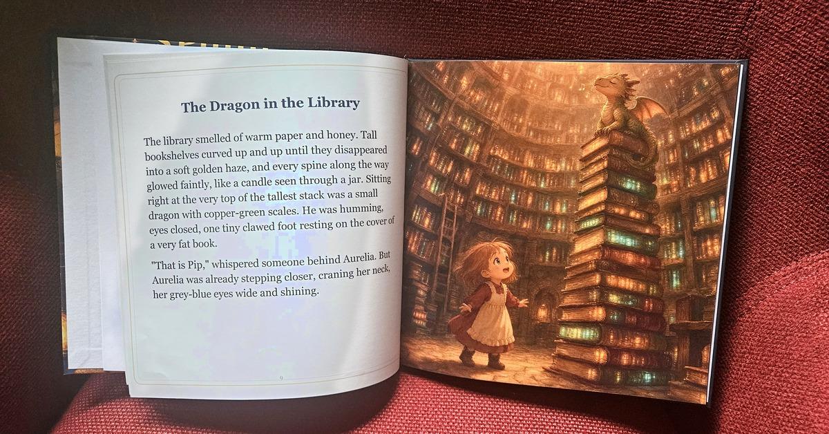 A PageCub hardcover open to a full illustrated spread β The Dragon in the Library